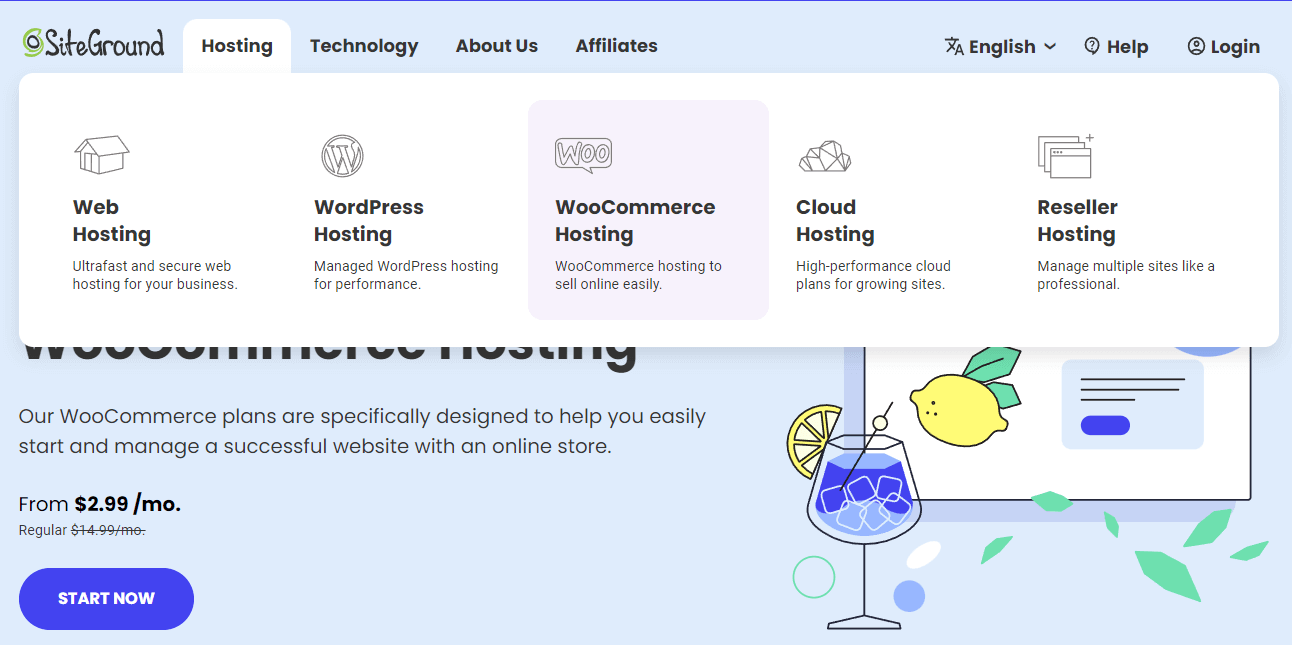 WooCommerce跨境电商独立站, siteground主页上的WooCommerce主机