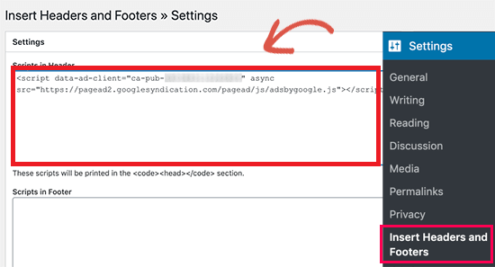 如何将Google AdSense添加到WordPress网站上, insertheadersfooters