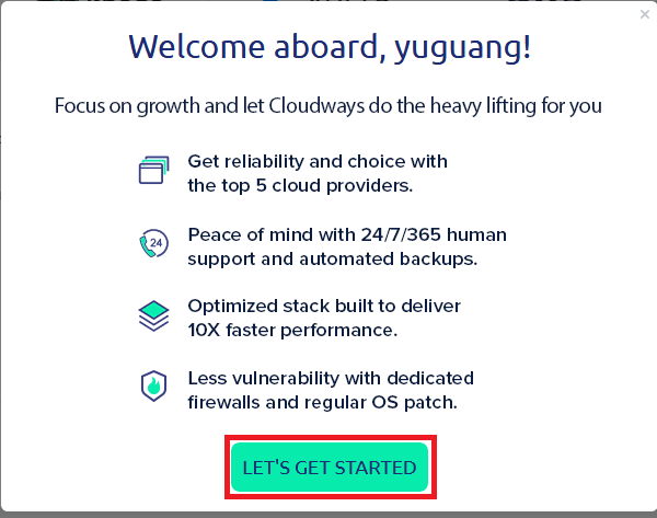 跨境电商独立站制作, Cloudways建站, Let's get started按钮