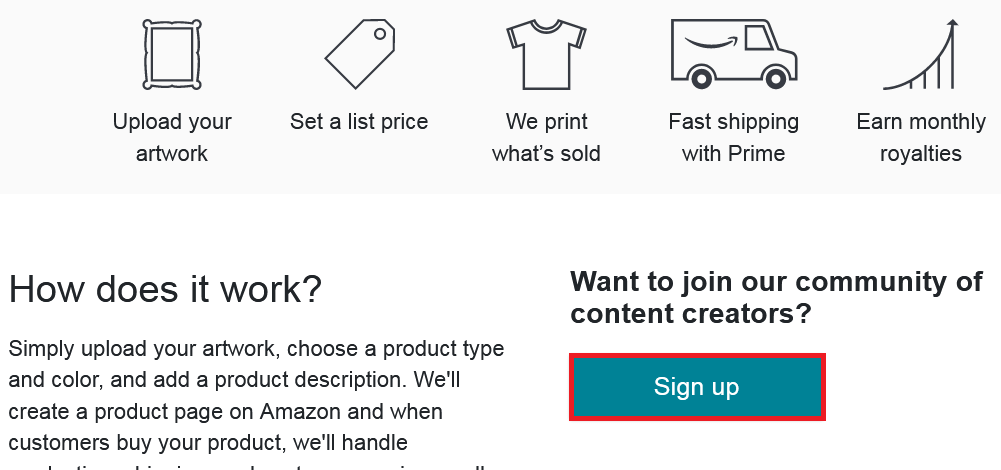 如何通过Merch by Amazon在亚马逊上出售按需打印商品, 亚马逊上出售按需打印商品, Sign up