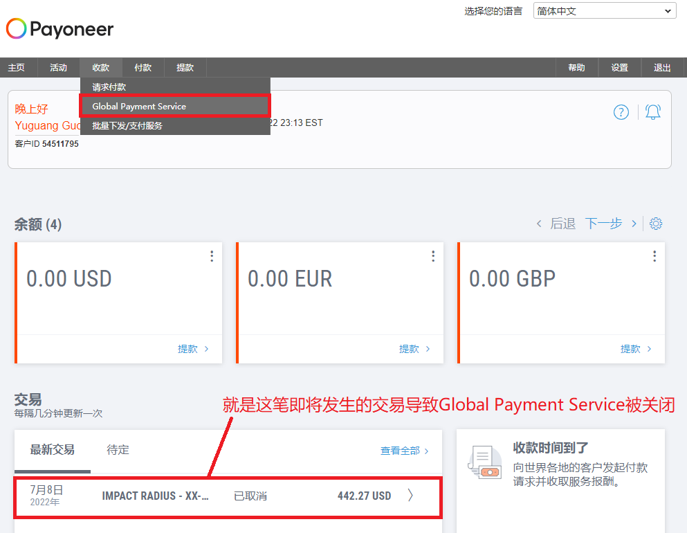 windpayer提现PayPal教程, 派安盈提现Impact失败及外汇收款账户全部被禁, Global payment service